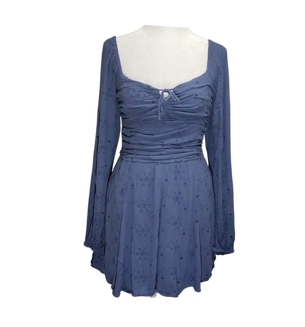 Juniors Slate Blue Romper Small Floral Eyelet Long Sleeve Skort Cottagecore